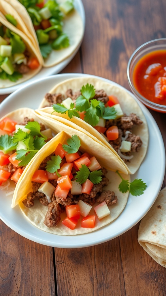 Beef tacos with toppings on a plate, served with homemade tortillas and salsa on a wooden table.